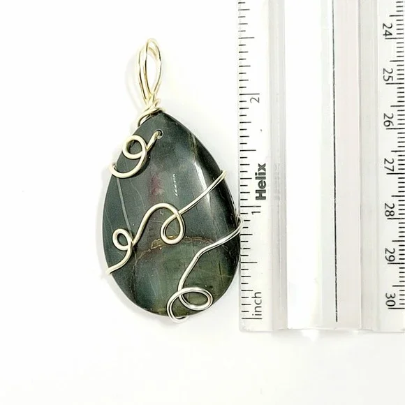 Artisan Wire Wrapped Agate Genuine Gemstone Cabochon Pendant Necklace Green New! - Picture 3 of 6